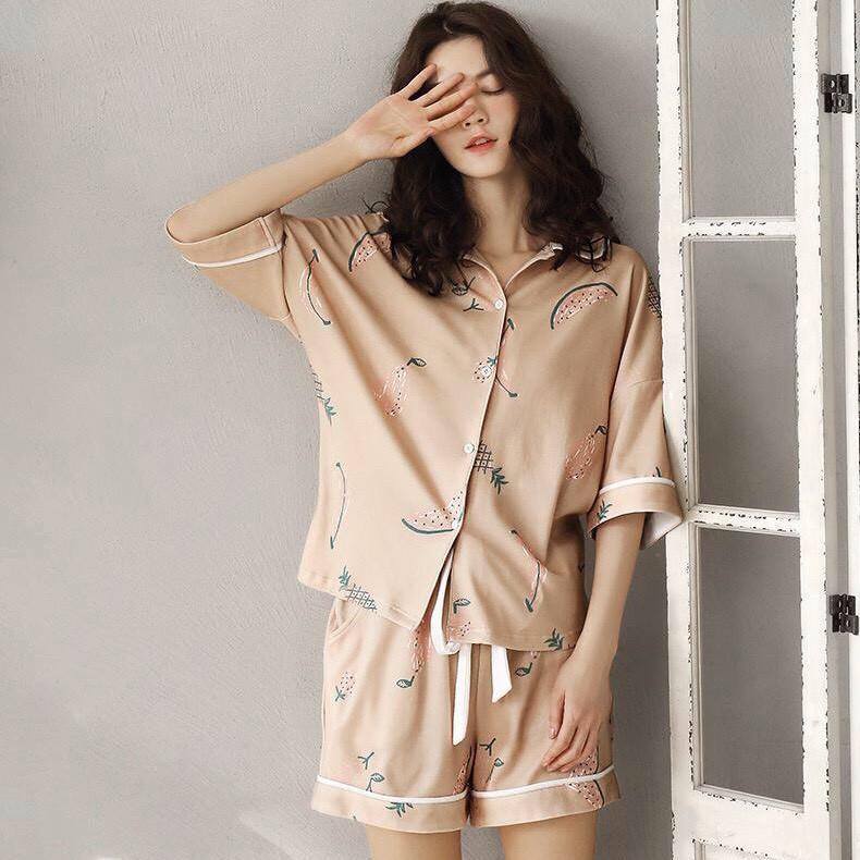 Bộ short mặc nhà cotton cổ tròn cài khuy camel