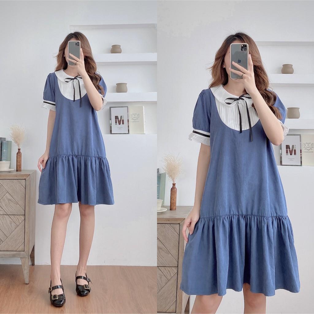 Váy suông đuôi cá, cổ sen xếp ly buộc nơ, đầm xuông bầu rộng tay bo phồng 2 màu mã V187 - Michi's House