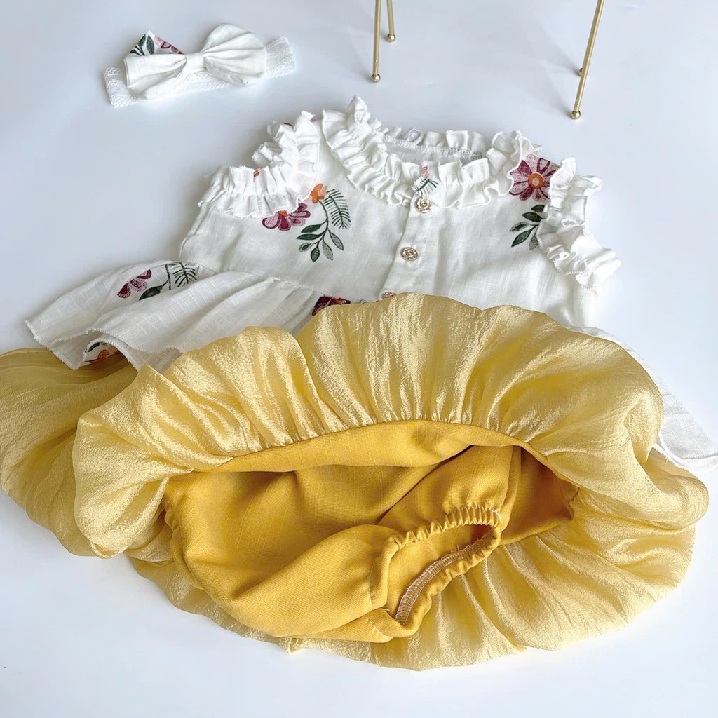 Set Bộ Áo Sát Nách Viền Bèo Thêu Hoa Quần Đùi Bí Cho Bé Gái Sơ Sinh 1 2 Tuổi Từ 3-11kg Dành Cho Bé Gái