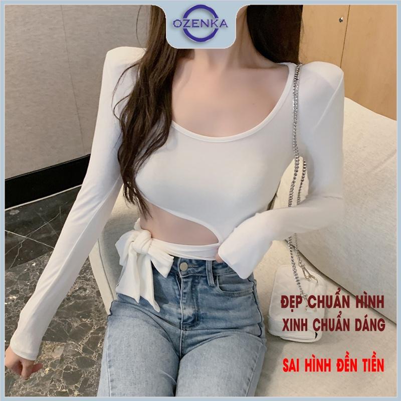 Áo croptop nữ tay dài hở eo gợi cảm OZENKA , áo crt kiểu cổ vuông ôm body buộc nơ sang chảnh đen trắng dưới 55 kg