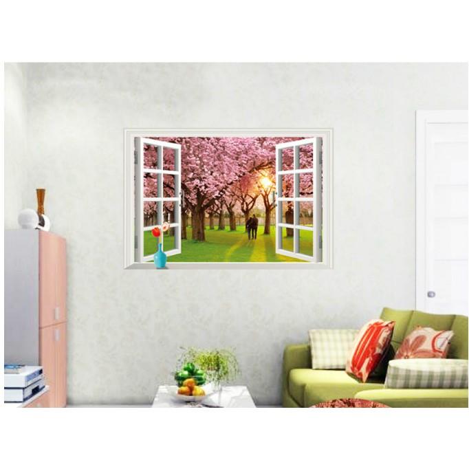 Decal trang trí cửa sổ 3D hoa đào và đôi tình nhân