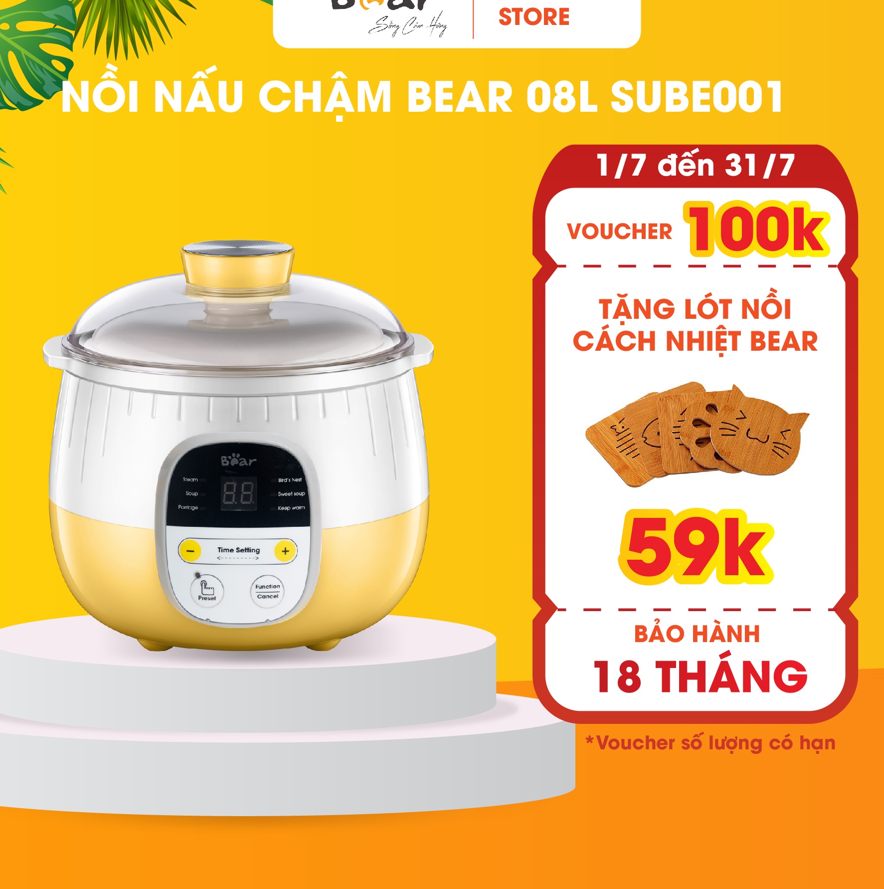 Nồi nấu chậm Bear 0.8L kèm lồng hấp (Bản quốc tế)- Hàng chính hãng