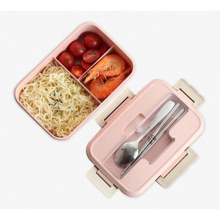 Hộp Đựng Cơm Lúa Mạch 3 Ngăn Kèm Thìa Đũa Inox