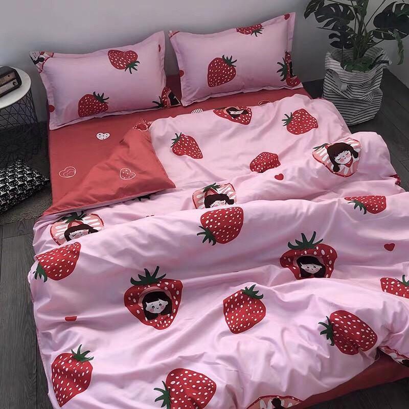 Bộ chăn ga gối Cotton poly M2T bedding cô bé dâu tây, vỏ chăn mền, drap nệm và 2 vỏ gối
