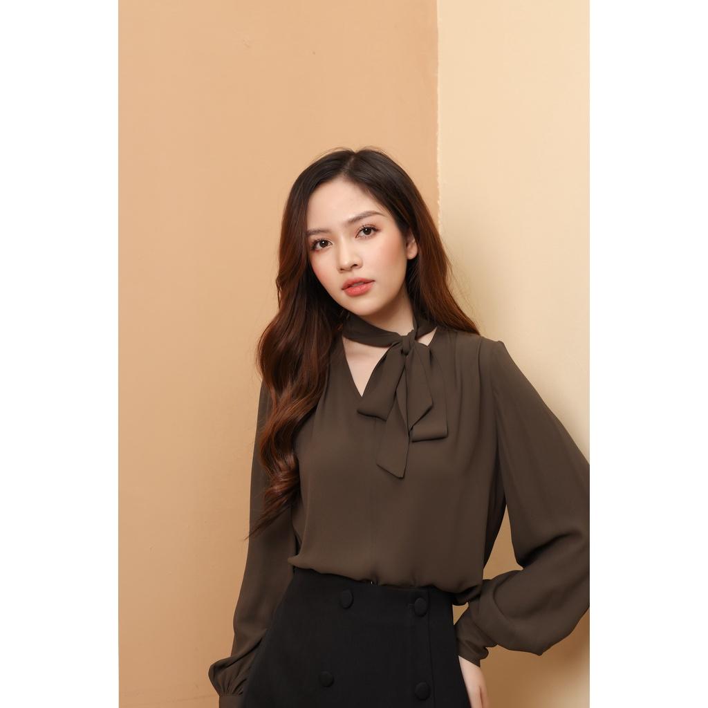 Áo Sơ mi dài tay cổ buộc nơ CLARA MARE 75% Polyester 25% viscose chất liệu vải : Cát Hàn BLS3012