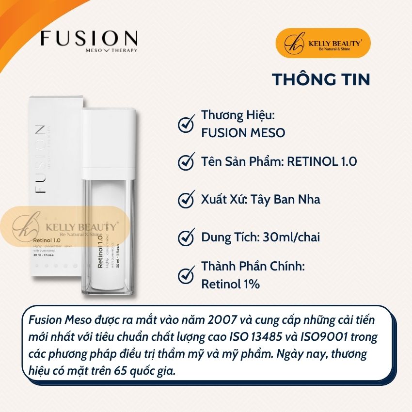 Fusion Retinol 1.0 - Da Sáng Đều Màu, Mờ Thâm Sạm Nám; Giảm Dày Sừng; Căng Mịn và Se Lỗ Chân Lông - Kelly Beauty