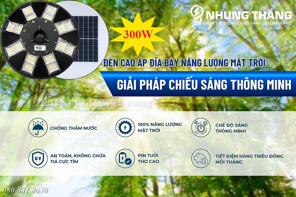 Đèn Cao Áp Năng Lượng Mặt Trời Đĩa Bay UFO - Công Suât 300w - 8 Ô Led Siêu Sáng - Chống Nước IP66 - Có Điều Khiển Từ Xa - Có Video