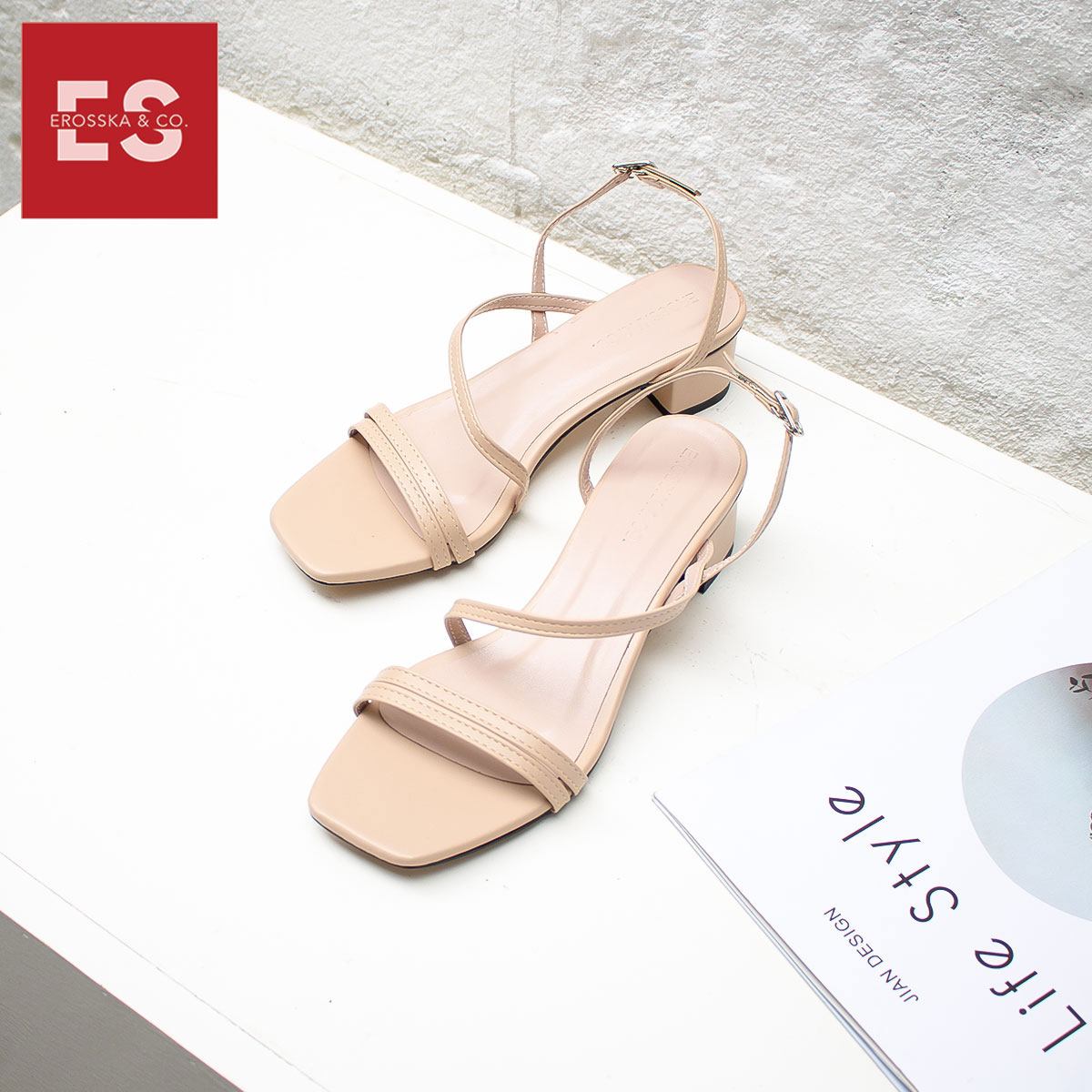 Giày sandal cao gót Erosska thời trang mũi vuông quai ngang phối dây mảnh cao 3cm EB031