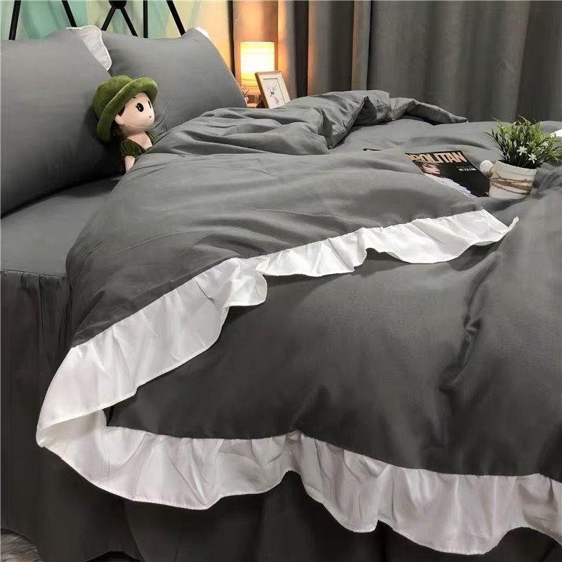 Sét 4 Món Chăn Ga Gối Cotton TC Viền Bèo Trắng Dài Pp3051