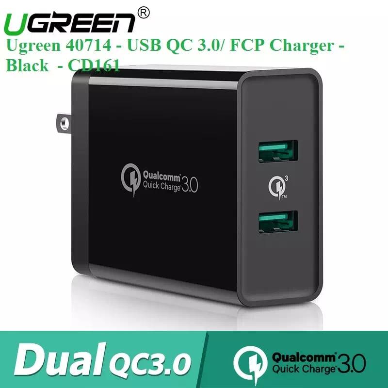Ugreen UG40714CD161TK 36W màu Đen Củ sạc nhanh 2 cổng USB chuẩn QC 3.0 - HÀNG CHÍNH HÃNG