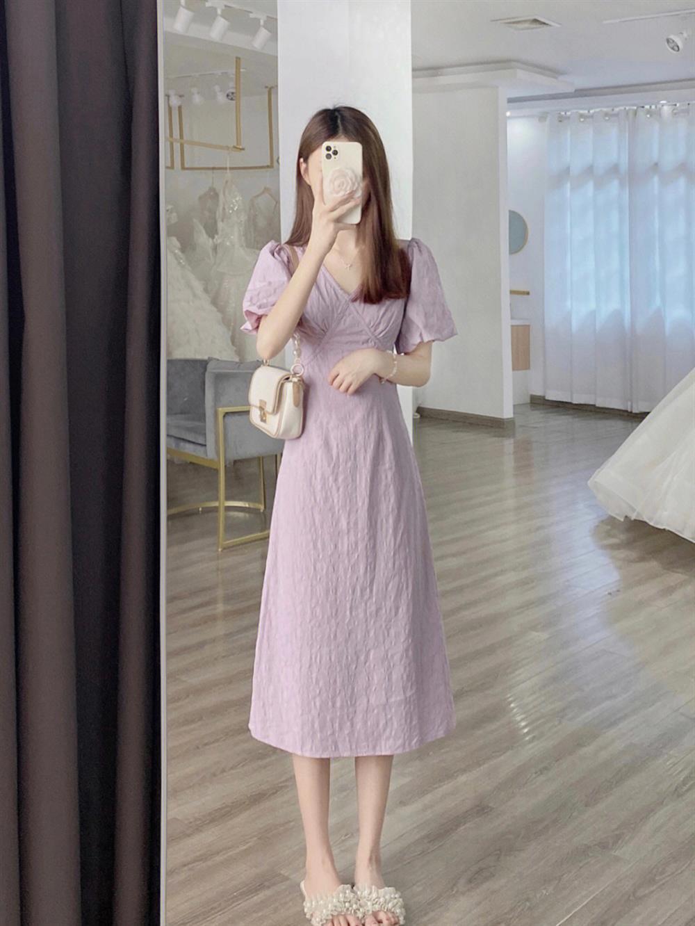 DONGSHOP Váy dài cổ chữ V màu trắng dịu dàng kiểu Pháp, váy dài cổ chữ V màu tím, con cái Hạ Độc đáo, thắt lưng, tay áo bong bóng, váy liền áo.