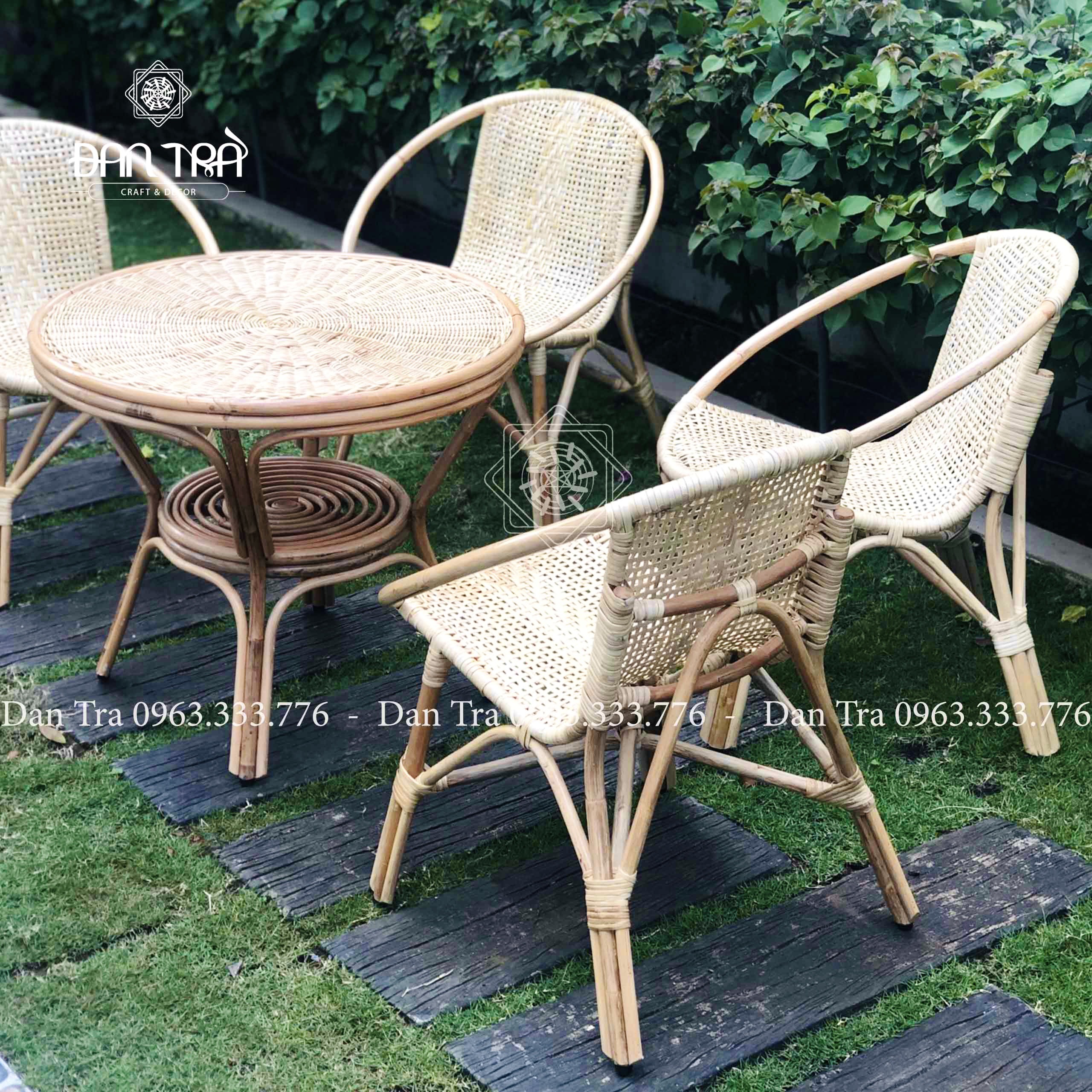 Bộ Bàn Ghế Mây Sân Vườn 4 Ghế Đan Mặt Trắng Và Bàn Tròn Cao Câp -Bộ Bnà Ghế Mây Nhỏ Gọn- Bộ Bàn Ghế Decor Không Gian Xanh- Nội Thất Mây Tre Đan Trà
