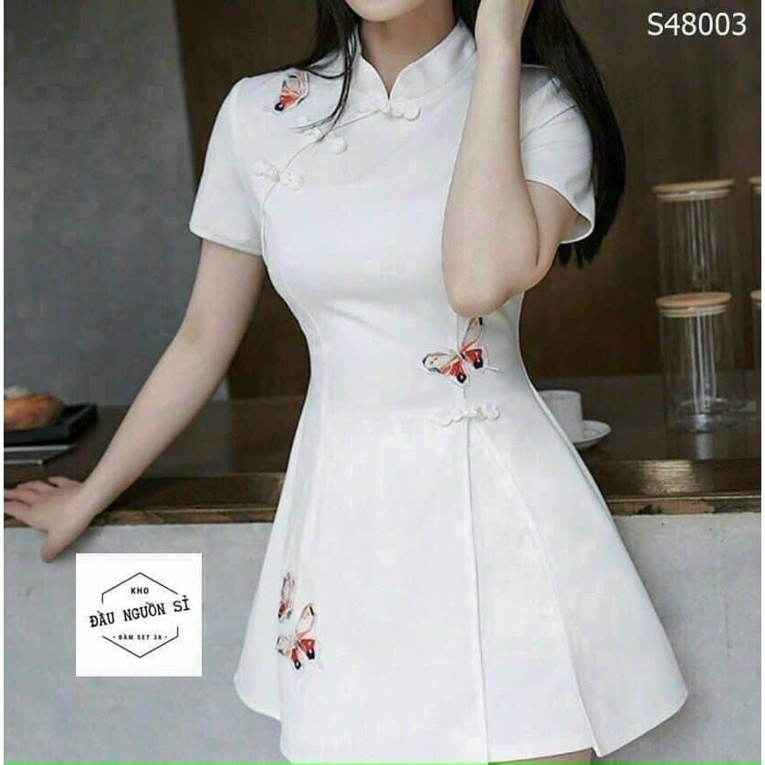 Set bộ nữ áo cổ tàu nút bọc thêu họa tiết kèm quần short duyên dáng sang chảnh Thời trang XM Minh Phúc