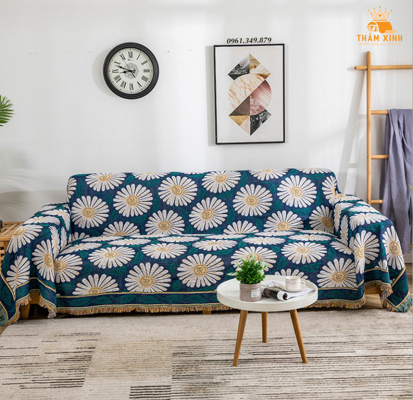 Thảm phủ sofa họa tiết thổ cẩm, Thảm vintage trải sàn phòng khách họa tiết Hoa Cúc [Size 2m3x1m8