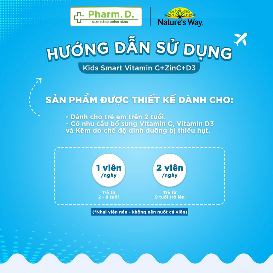 Kẹo Nhai NATURE'S WAY Kids Smart Chewable Giúp Bổ Sung Vitamin C, Kẽm Và Vitamin D3 Cho Bé