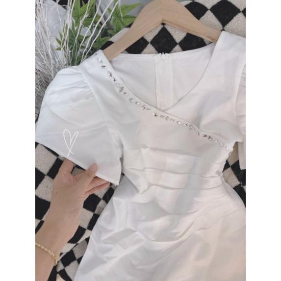 Đầm váy trắng vạt nhíu tafta lót lụa cổ V chéo cườm tay phồng xoè chữ A đi biển dự tiệc cưới dạo phố bigsize rẻ đẹp