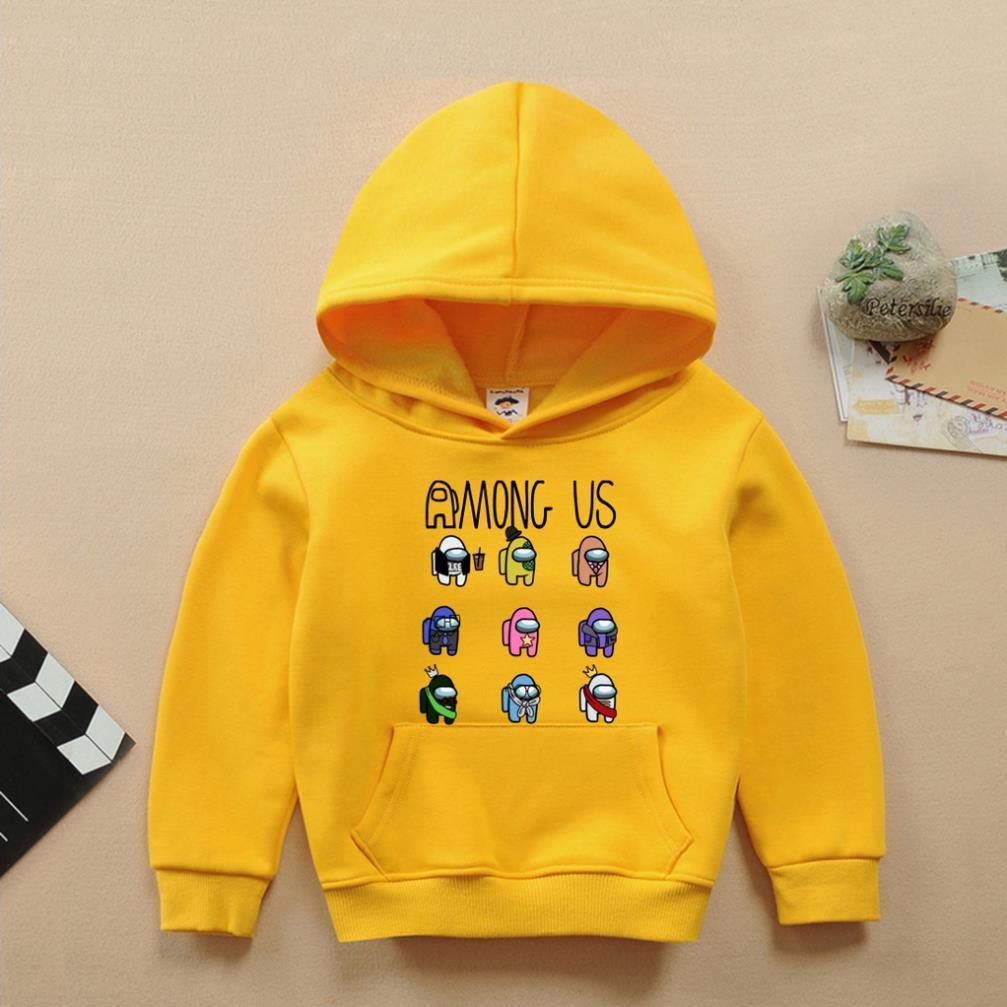 Áo hoodie among us có mũ màu vàng cho bé trai bé gái