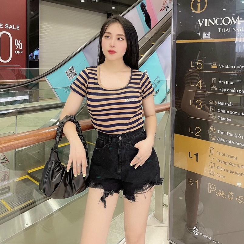 Áo thun dệt kim nữ cổ vuông tay ngắn, Áo phông kiểu dáng ôm kẻ sọc chất cotton mềm mại 2022 New Arival