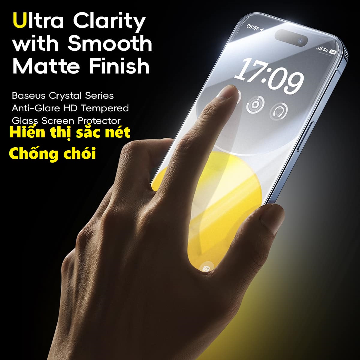 Kính cường lực full màn chống chói có màng loa cho iP 15 Series Baseus Anti-Glare  Screen Protector _ Hàng chính hãng