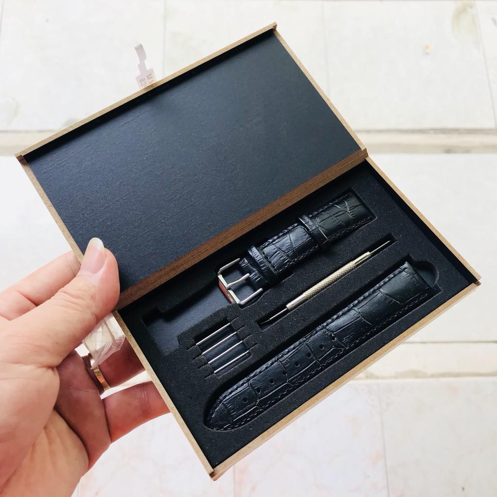 Dây đồng hồ ️️ da bò thật dập vân cá sấu full hộp gỗ, 4 chốt kèm dụng cụ thay dây