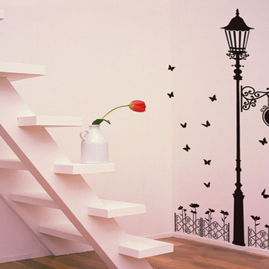 Decal dán tường cột đèn và đồng hồ đen ay9200