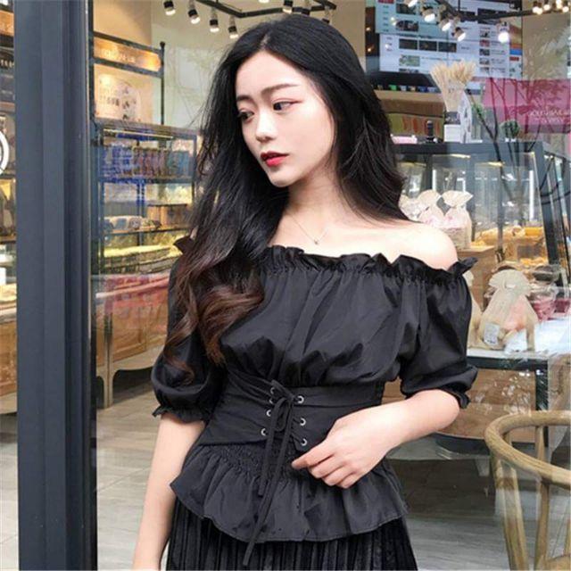 Áo sơmi lệch vai kèm thắt lưng ulzzang