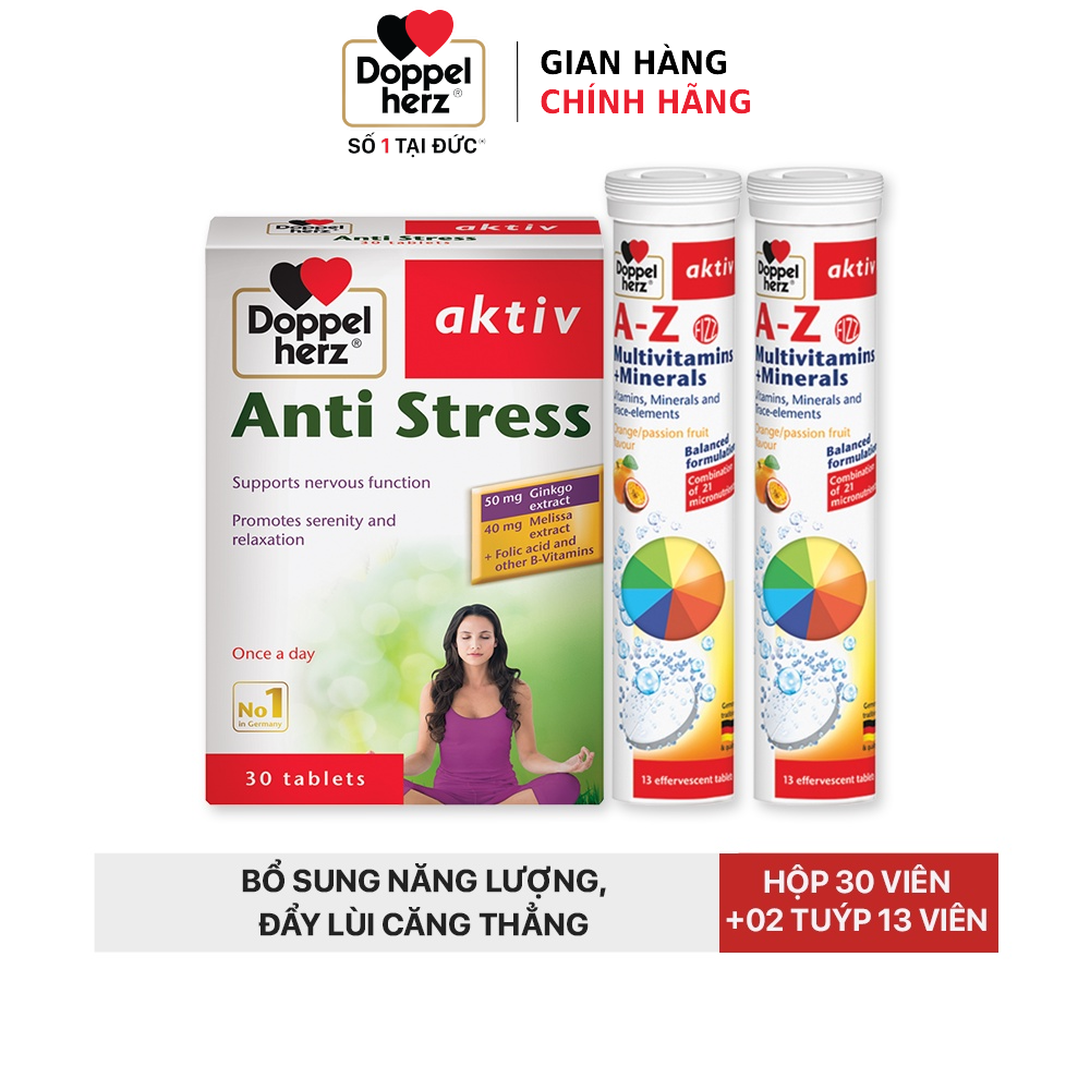 Combo bổ sung vitamin và khoáng chất, giảm căng thẳng, mệt mỏi Doppelherz Anti Stress (30 viên) + 02 tuýp sủi A-Z Fizz (13 viên)