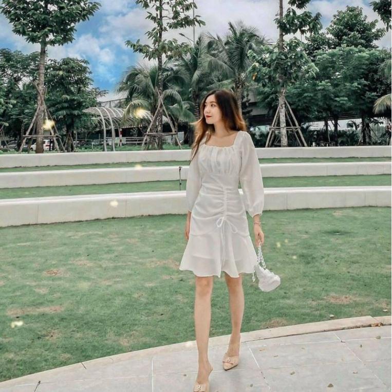 Váy cổ vuông nhún ngực tay dài xinh tươi ivy.fashion đi biển dự tiệc dạo phố bigsize gợi cảm sexy