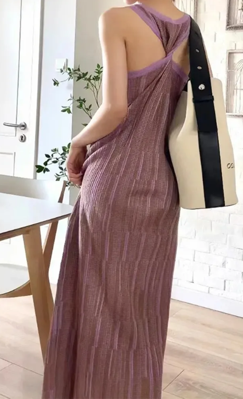 DONGSHOP Vintage màu tím kỳ nghỉ hiển thị mỏng sọc dệt kim treo váy maxi boho tay áo dệt kim vest đầm cho phụ nữ