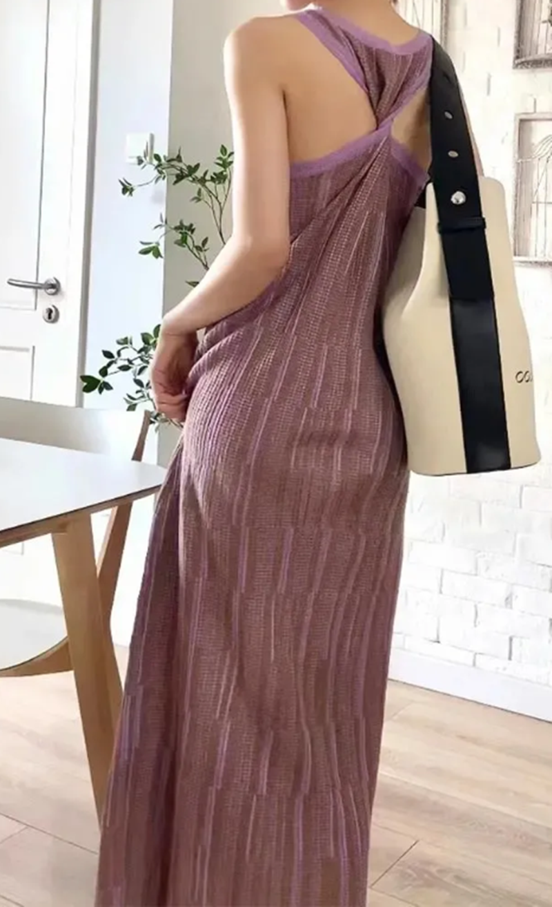 TOBE1SHOP Vintage màu tím kỳ nghỉ hiển thị mỏng sọc dệt kim treo váy maxi boho tay áo dệt kim vest đầm cho phụ nữ