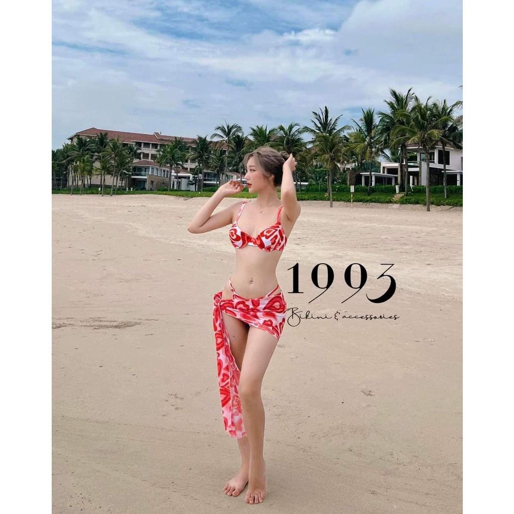 SET BIKIBI, ĐỒ BƠI ĐI BIỂN 3 MÓN ÁO GỌNG NÂNG NGỰC HỌA TIẾT TIM HỒNG TRẮNG KÈM KHĂN MẪU MỚI SEXY ODERI 111