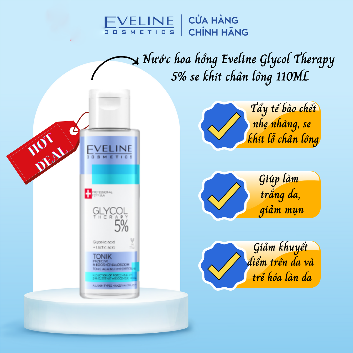 [Tặng mặt nạ Sambijo] Nước hoa hồng Eveline Glycol Therapy 5% se khít chân lông 110ML