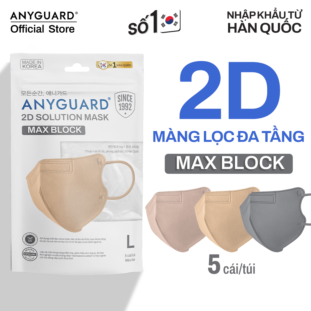 Khẩu Trang Nhập Khẩu Hàn Quốc ANYGUARD, Khẩu Trang 2D Solution 4 Lớp Ngăn Tia UV, An Toàn Cho Da Nhạy Cảm, Màu Pastel (Túi 5 Chiếc)