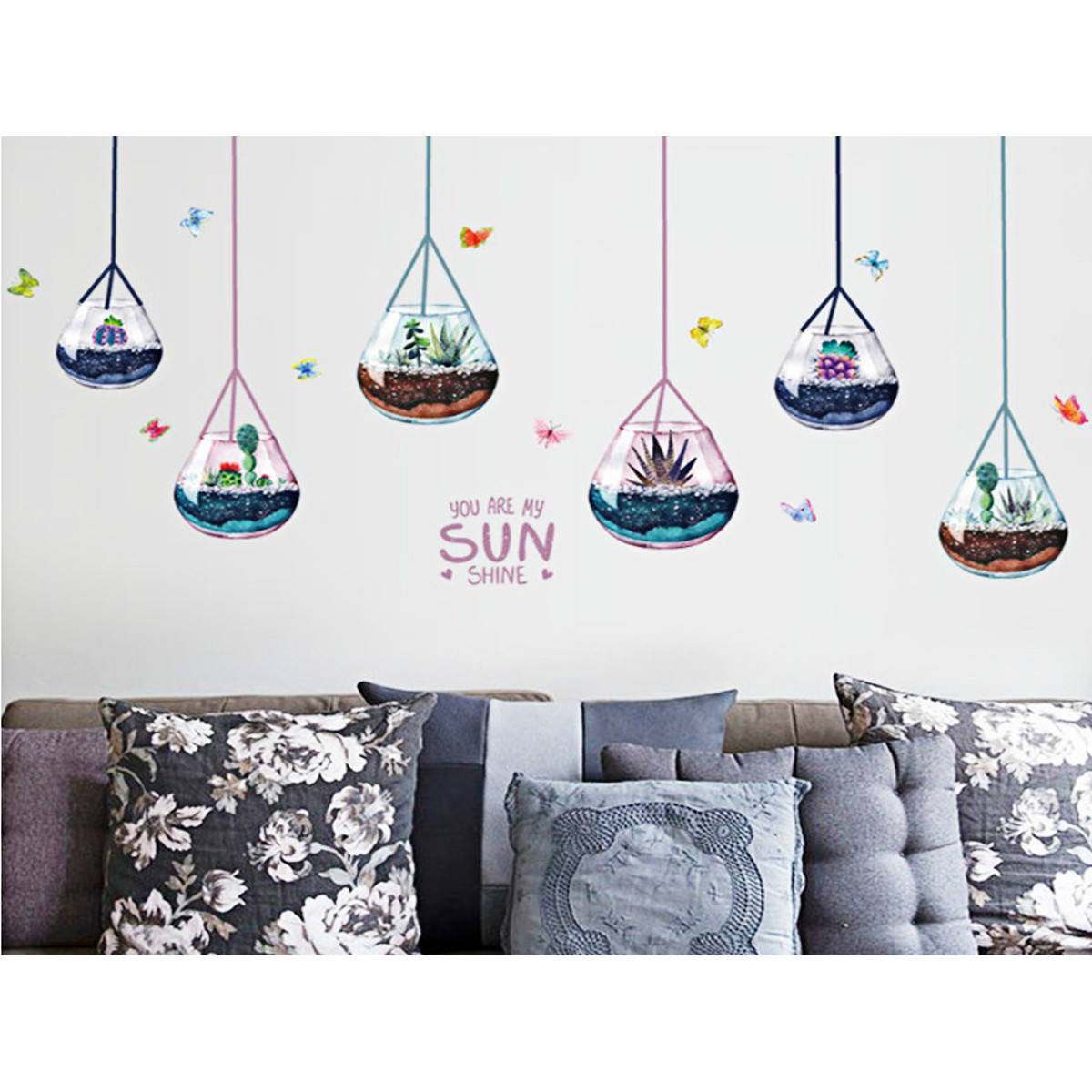 Decal dán tường dây treo giỏ hoa tím