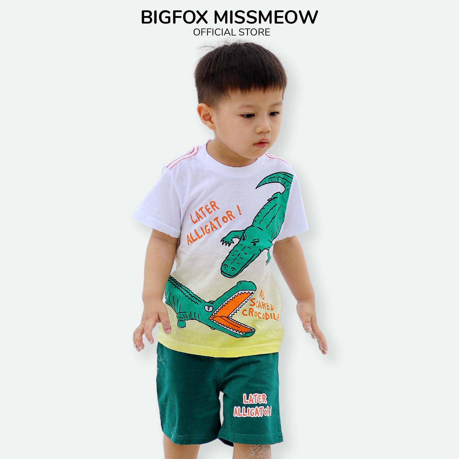 Bộ quần áo bé trai cộc tay BIGFOX - MISS MEOW size đại mùa hè vải cotton phong cách Âu Mỹ in cá sấu  LATER ALIGATOR size trẻ em 3-11 tuổi 10 - 38 kg QATE