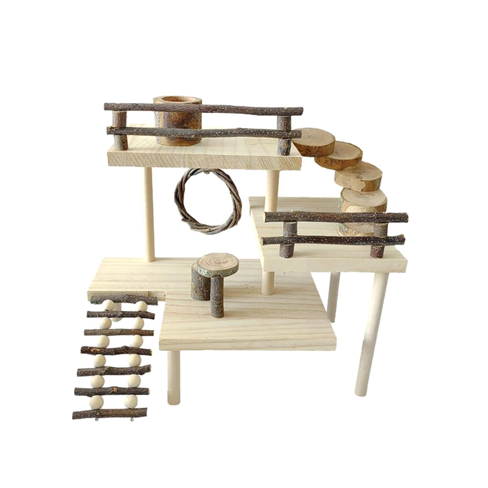 3 Layers Hamster Toy, Habitat Stand Table with Fence Climbing Ladder Natural Wooden Platform for Squirrel Hedgehog Pets Dwarf Hamster Gerbil