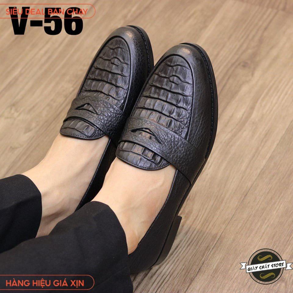 Giày lười da nam - Giày da nam công sở dập vân cá sấu - Đế cao su non cao 3cm Mã v56 Hàng Việt