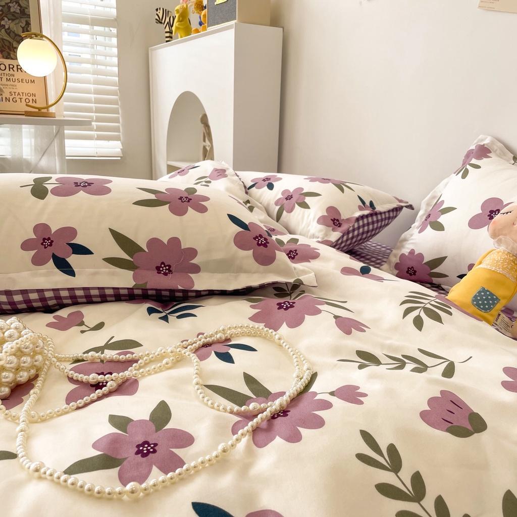 Bộ chăn ga gối Cotton Poly M2T bedding, vỏ chăn mền, drap ga giường, 2 vỏ gối - PL Hoa sim tím
