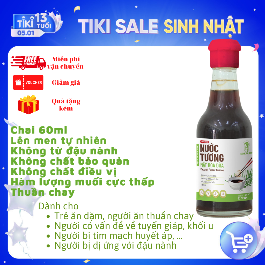 Nước tương mật hoa dừa Sokfarm - Nước tương ăn dặm cho bé với hàm lượng muối thấp, khoáng chất cao, không gluten, không đường và không chất bảo quản