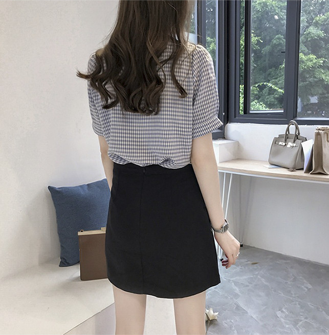 Áo kiểu nữ sọc caro cổ chữ V vintage dễ thương RM008