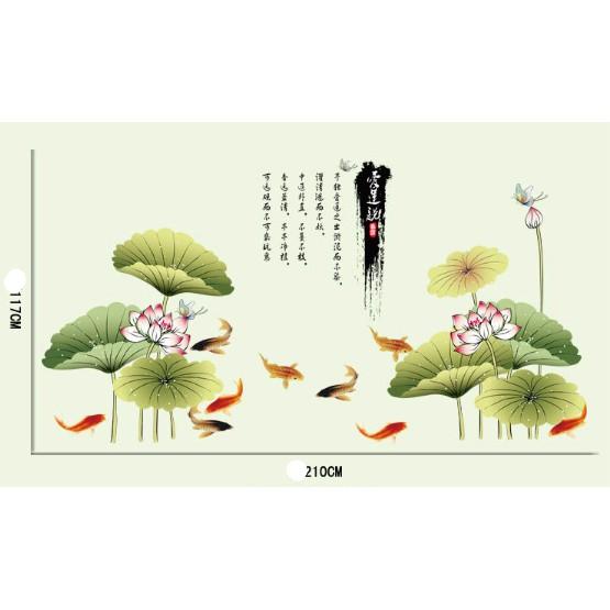 Decal trang trí Hồ Sen Cá KOI và chữ tàu tao nhã