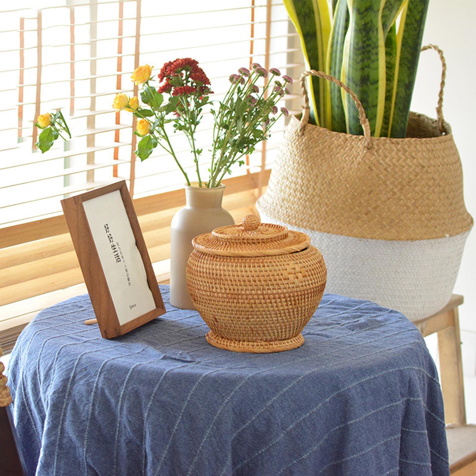 Rattan Woven Basket with Lid Durable Organizer Round for Vegetable Kitchen