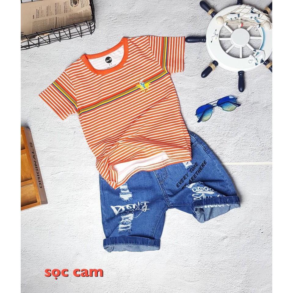 SÉT ÁO THUN SỌC CAM PHỐI QUẦN JEAN