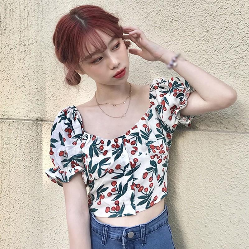 Áo Kiểu Tay Phồng Cổ Vuông Hoạ Tiết Hoa Phong Cách Vintage