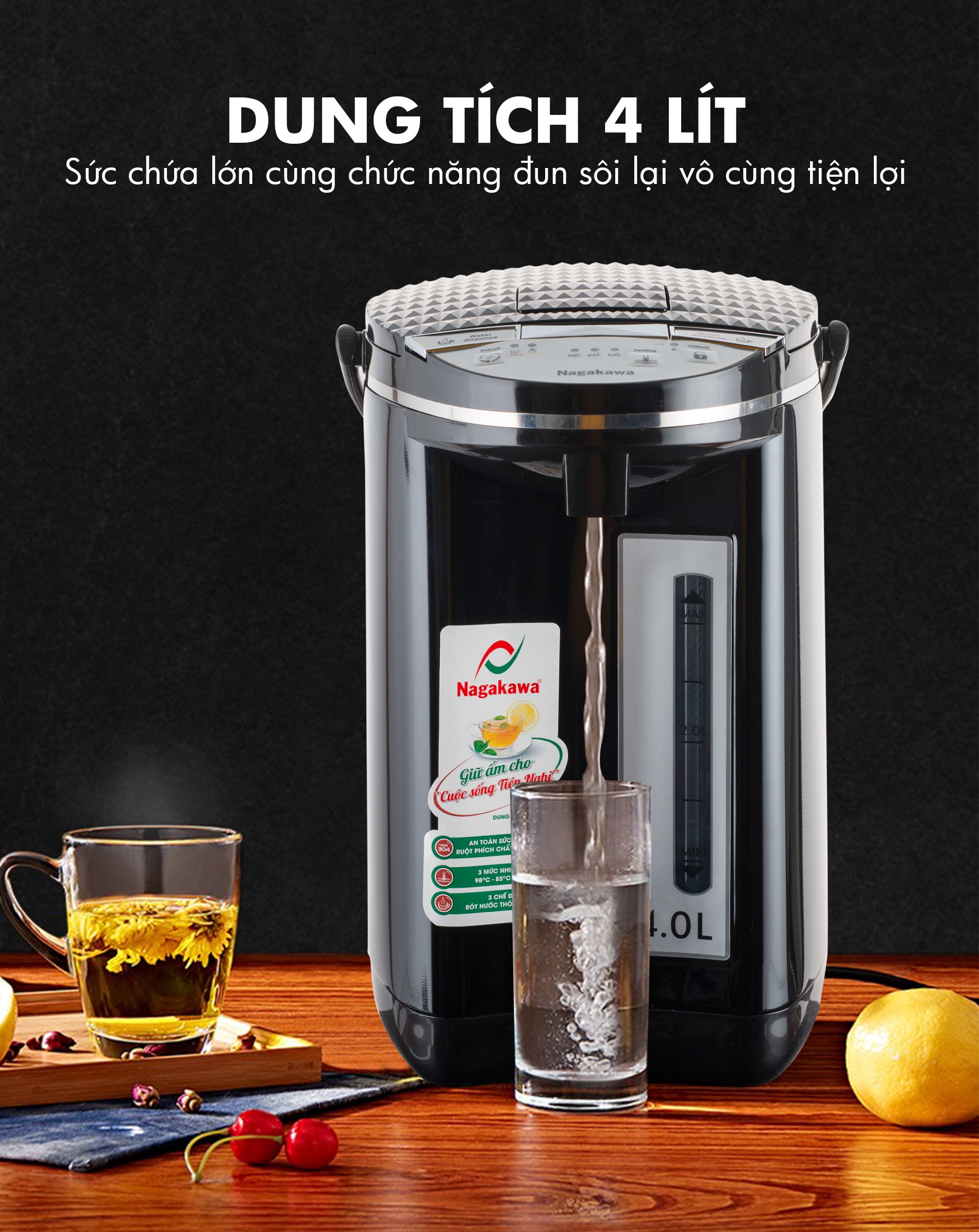 Bình Thủy Điện 3 Mức Nhiệt Nagakawa NAG0404 (4.0 Lít) - Hàng Chính Hãng