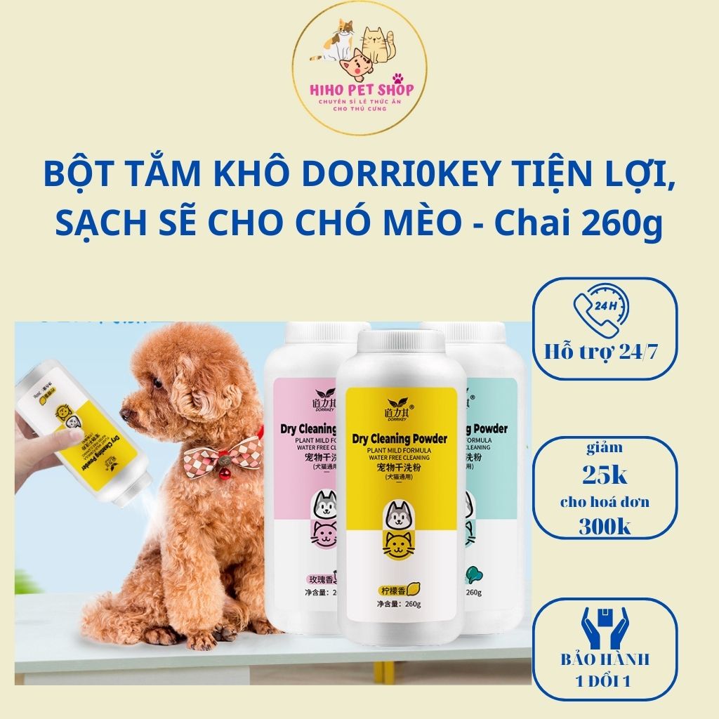 Bột tắm khô Dorrikey giúp khử khuẩn làm sạch cơ thể cho thú cưng - Chai 260g