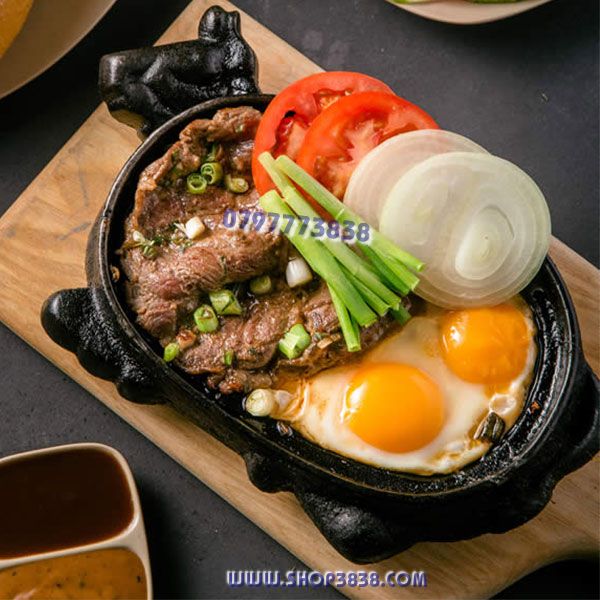 Chảo Bò Gang Nặng 1Kg3 Chống Dính Trung Lớn Làm Bò Né Lựa ( Chảo - Đế Gỗ