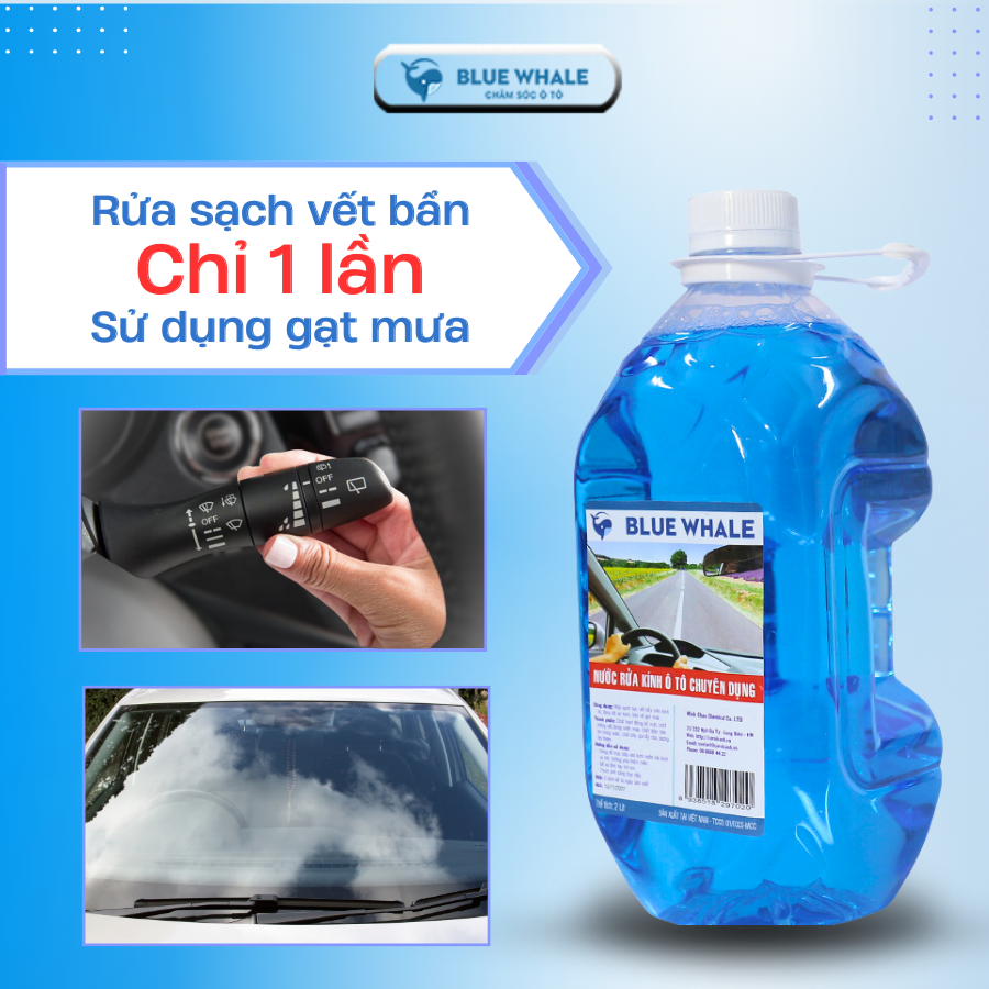 Nước rửa kính ô tô Cá Voi 2L đổ trực tiếp phù hợp với mọi loại xe hơi, nói không với viên sủi gây tắc bình chứa nước của xe