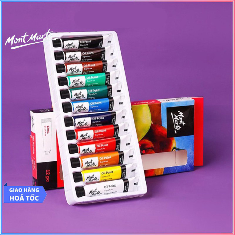 Set Màu Sơn Dầu Oil Paints 12 Cái x 12ml (Bao Bì Ngẫu Nhiên) – Mont Marte Oil Paints - Tặng Kèm Hướng Dẫn