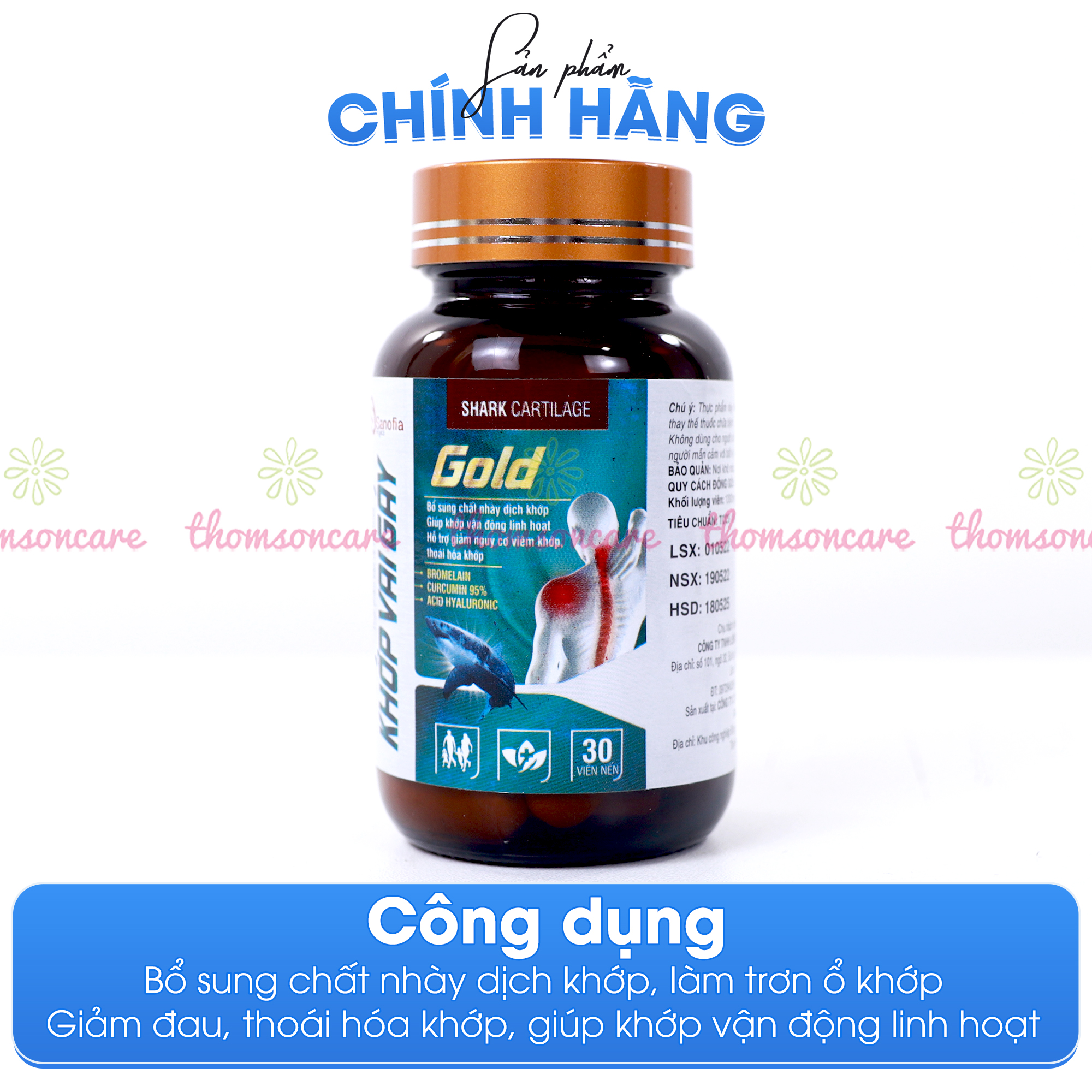 Viên uống bổ xương khớp vai gáy gold, bổ sung chất dịch nhày khớp, giúp khớp linh hoạt từ sụn vi cá mập - Lọ 30 viên Thomsoncare